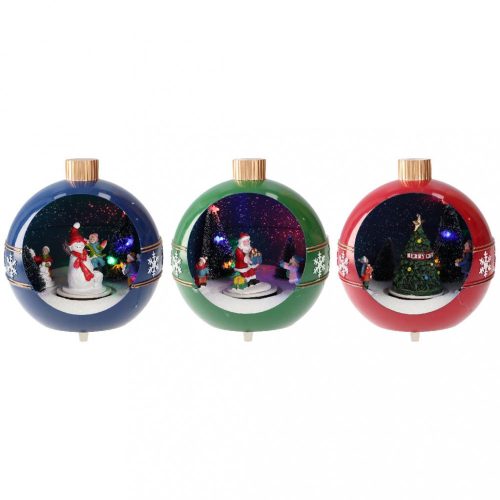 Karácsonyi gömb, 3 féle animációval, piros/zöld/kék-elem/LED-16,4x15,2x17cm