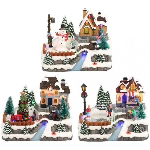 Havas karácsonyi falu, karácsonyi dekoráció, 3 féle, multicolor-LED-23x18x21cm