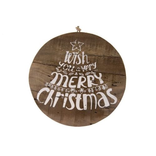 Fali dekor Merry Christmas felirattal, kerek fa 38cm natúr, fehér