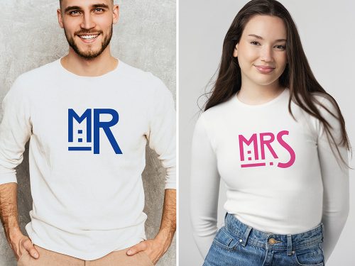 Páros póló Mr és Mrs. - kék és pink