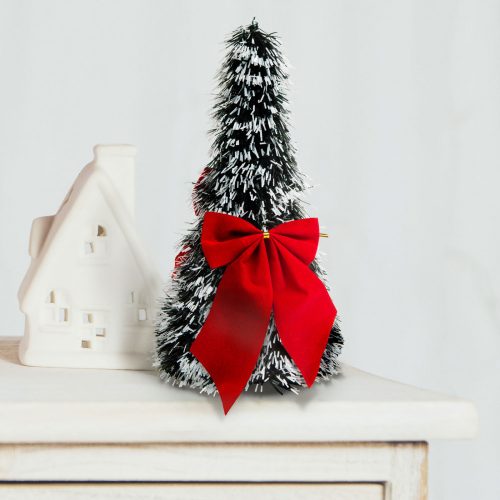 Karácsonyi, asztali műfenyő - havas - 2 piros masnival - 26 cm