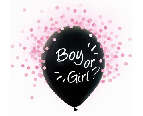 Babaváró latex léggömb, Boy or Girl felirattal, rózsaszín konfettivel, 4 db/cs
