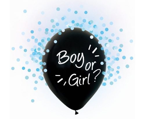 Babaváró latex léggömb, Boy or Girl felirattal, kék konfettivel, 4 db/cs