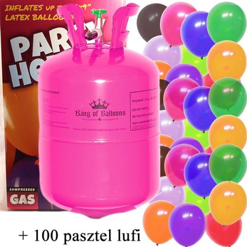 Hélium 100 léggömb felfújására + 100 pasztell léggömb