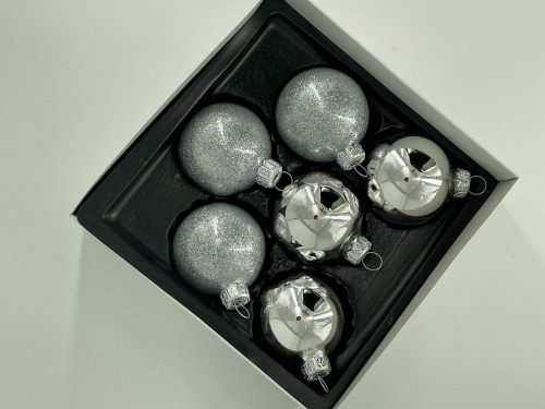 6 cm-es 6 db-os Winter ezüst szett üveg karácsonyfa díszek