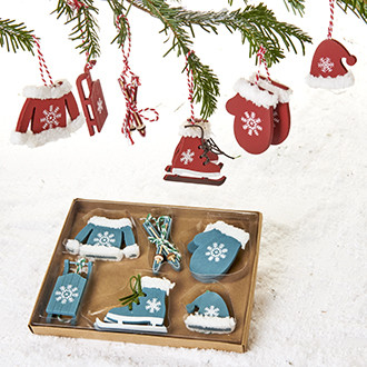 Karácsonyi dekoráció fából,  kék/piros, 6 db/doboz