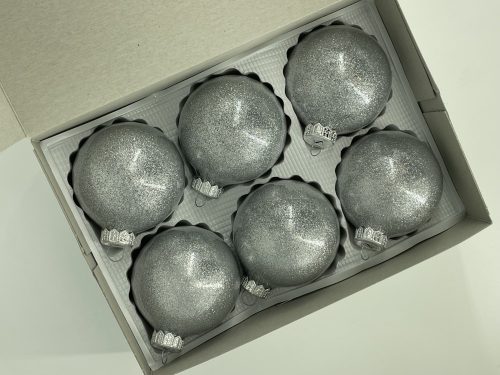 8 cm-es 6 db-os Csillogó ezüst üveg karácsonyfa díszek