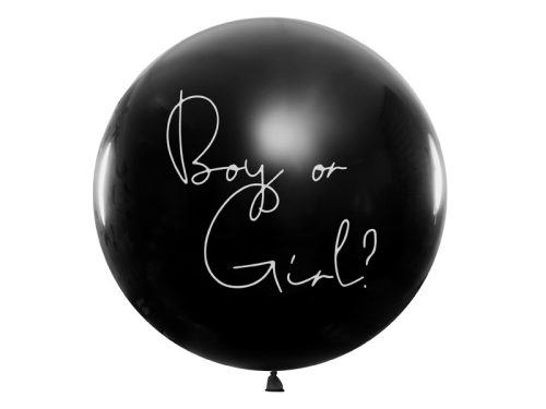 Óriási fekete léggömb - fiú -  Boy or Girl? felirattal, kék konfettivel töltve