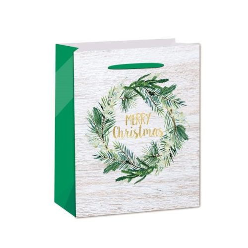 Tasak fenyő koszorúval, Merry Christmas felirattal papír 18x23x10cm fehér, zöld, arany