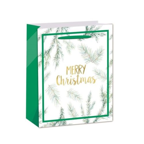 Tasak fenyőágakkal, Merry Christmas felirattal papír 18x23x10cm fehér, zöld, arany