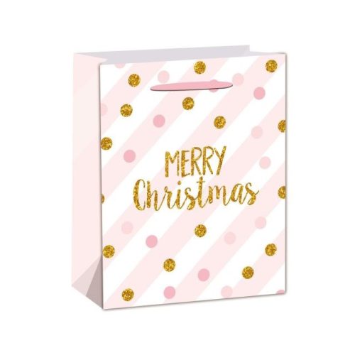 Tasak pöttyös, Merry Christmas felirattal glitteres papír 18x23x10cm rózsaszín, arany