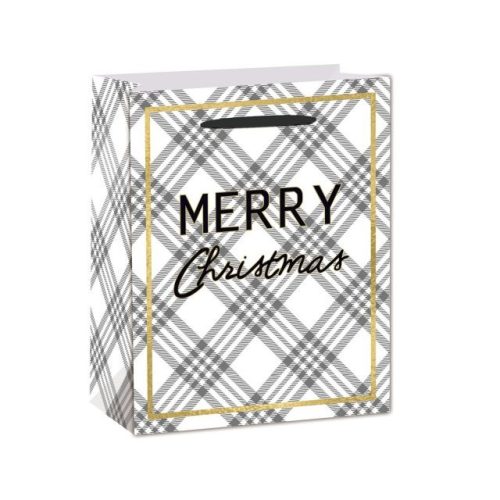 Tasak kockás,Merry Christmas felirattal papír 18x23x10cm fekete, fehér, arany