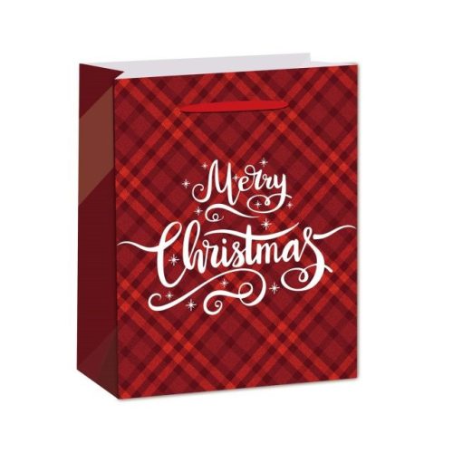 Tasak négyzetrácsos, Merry Christmas felirattal glitteres papír 26x32x12cm piros, fekete, fehér