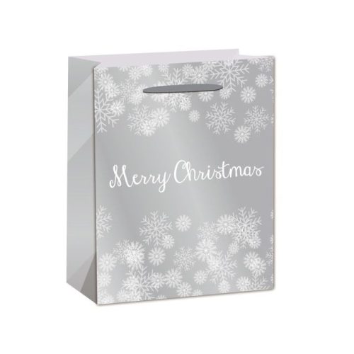 Tasak hópihés, Merry Christmas felirattal papír 31x42x12cm ezüst, fehér