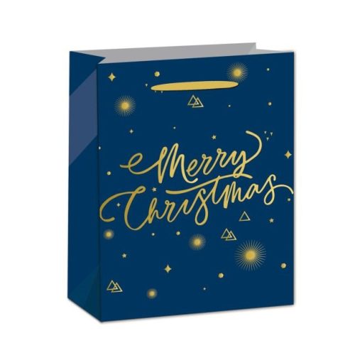 Tasak csillagokkal, Merry Christmas felirattal papír 18x23x10cm kék, arany