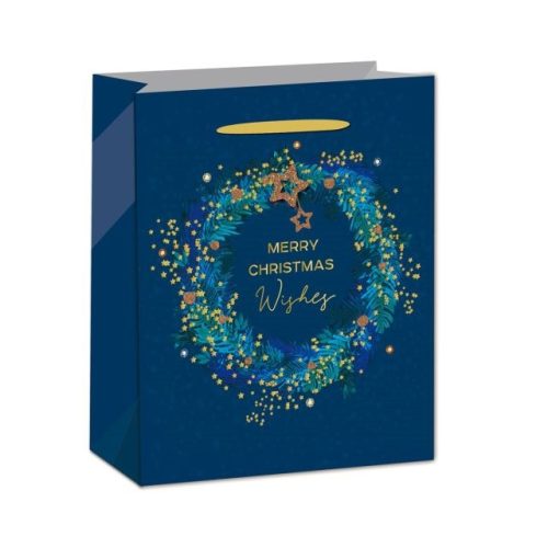 Tasak koszorúval, Merry Christmas felirattal papír 18x23x10cm kék, arany