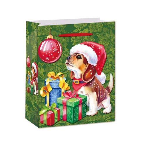 Tasak kutyával glitteres papír, ajándékokkal 18x23x10cm színes