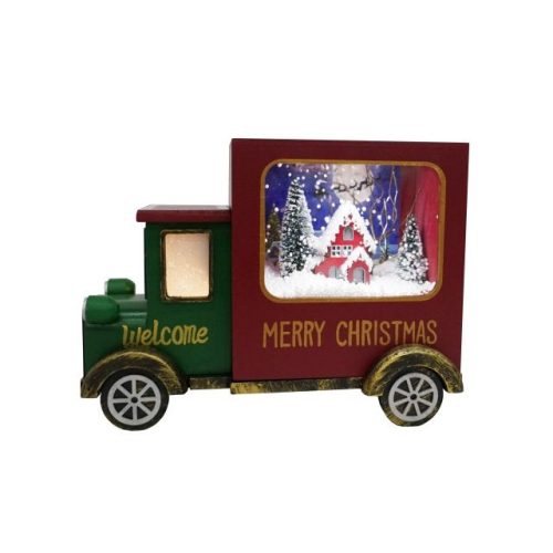 Karácsonyi kamion világító,havazó,zenélő-elektromos műanyag 30x15,5x22cm piros, zöld