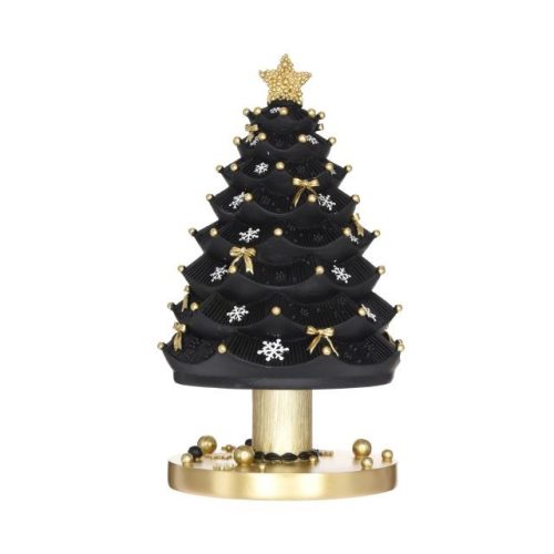 Krácsonyfa csillaggal masnikkal forgó, zenélő poly 11,5x11,5x20,5 cm fekete, arany