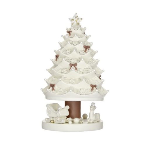 Krácsonyfa csillaggal masnikkal forgó, zenélő poly 11,5x11,5x20,5 cm fehér