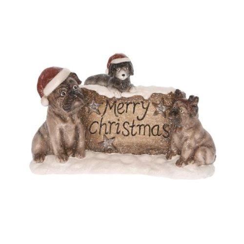 Kutyák "Merry Christmas" felirattal LED-es poly 38,5x14,5x24cm barna