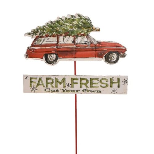 Tábla autóval Farm Fresh felirattal betűzős fém 36,5x67 cm piros
