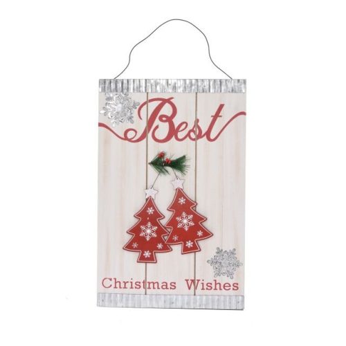 Dísz fenyőfával "Best Christmas wishes" felirattal akasztós fa 20x2x33cm fehér, piros