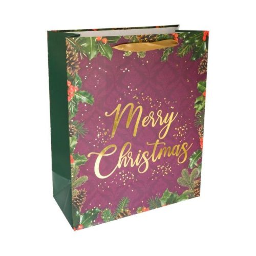 Tasak Merry Christmas felirattal papír 18x23x10cm lila, arany