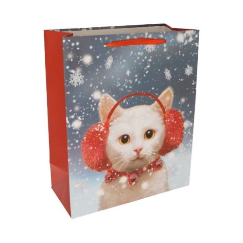 Tasak macskával, hópehellyel glitteres papír 18x23x10cm kék, piros