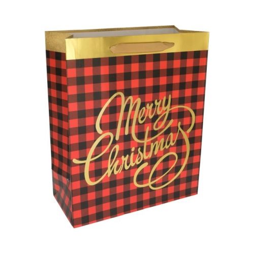 Tasak Merry Christmas felirattal kockás papír 26x32x12cm piros, fekete, arany