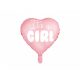 Fólia léggömb, szív alakú, It's a girl felirattal, 45cm, világos rózsaszín