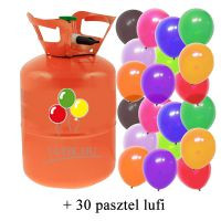 Hélium palack 30 léggömb felfújására, narancs színű palack, 30 pasztell lufival