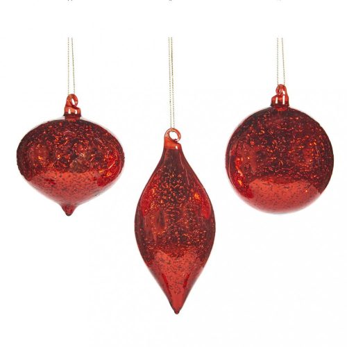 Piros színű karácsonyfadísz, 3 féle, 8 cm  - 3 db-os szett - igazi üveg dísz