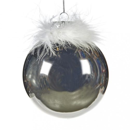 Ezüst színű gömb karácsonyfadísz, fehér tollal, 10 cm