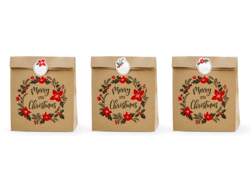 Karácsonyi ajándéktasak, Merry Little Christmas felirattal, 25x11x27cm, 1 csomag/3 db