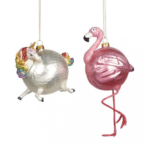 Flamingó vagy unikornis karácsonyfadísz, 2 féle, 15,5 cm