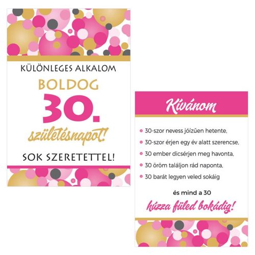 Boldog 30. Születésnapot! Rózsaszín pasztell Konfettis Borosüveg Címke, 2 db-os
