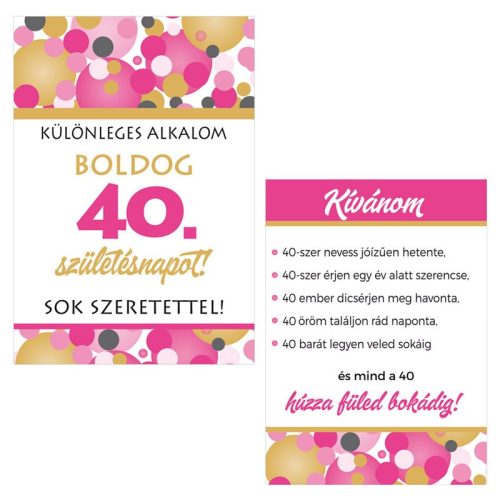 Boldog 40. Születésnapot! Rózsaszín pasztell Konfettis Borosüveg Címke, 2 db-os